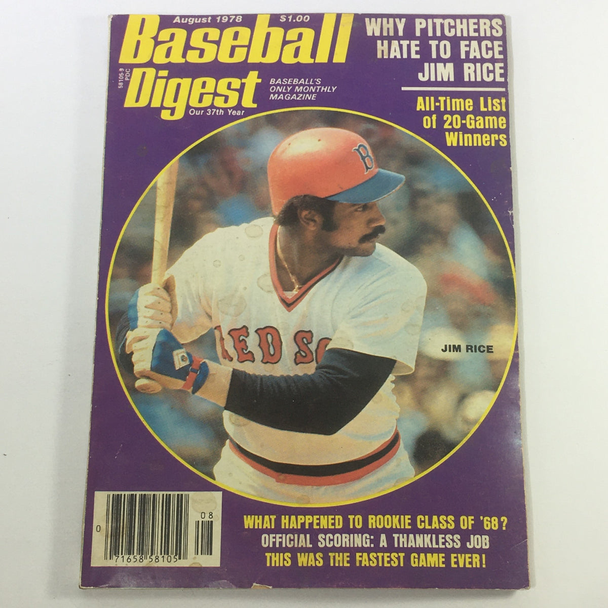 VTG Baseball Digest Magazine August 1978 featuring Boston Red Sox player Jim Rice on the cover, showcasing articles and insights from a pivotal time in baseball history.