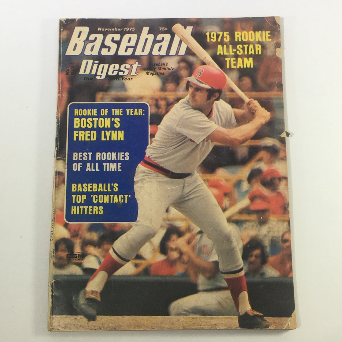 VTG Baseball Digest Magazine November 1975 featuring Boston's Fred Lynn on the cover, showcasing a baseball player preparing to bat, with headlines about the 1975 Rookie of the Year and baseball's top contact hitters.