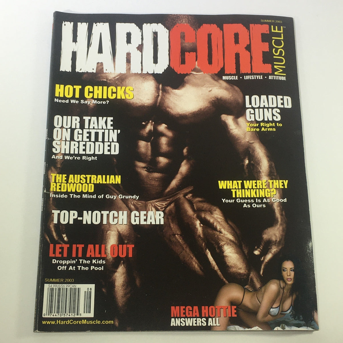 Cover of Hardcore Muscle Magazine Summer 2003 featuring Guy Anthony Grundy, showcasing headlines on fitness, bodybuilding culture, and lifestyle. Ideal for vintage magazine collectors and fitness enthusiasts.