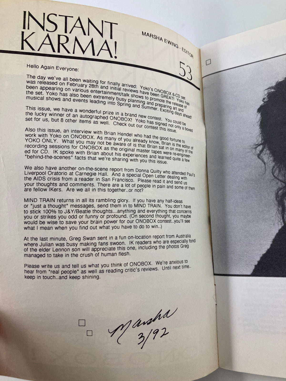 Interior page of Instant Karma Magazine March 1992 with editorial content by Marsha Ewing discussing Yoko Ono's ONOBOX and other updates.