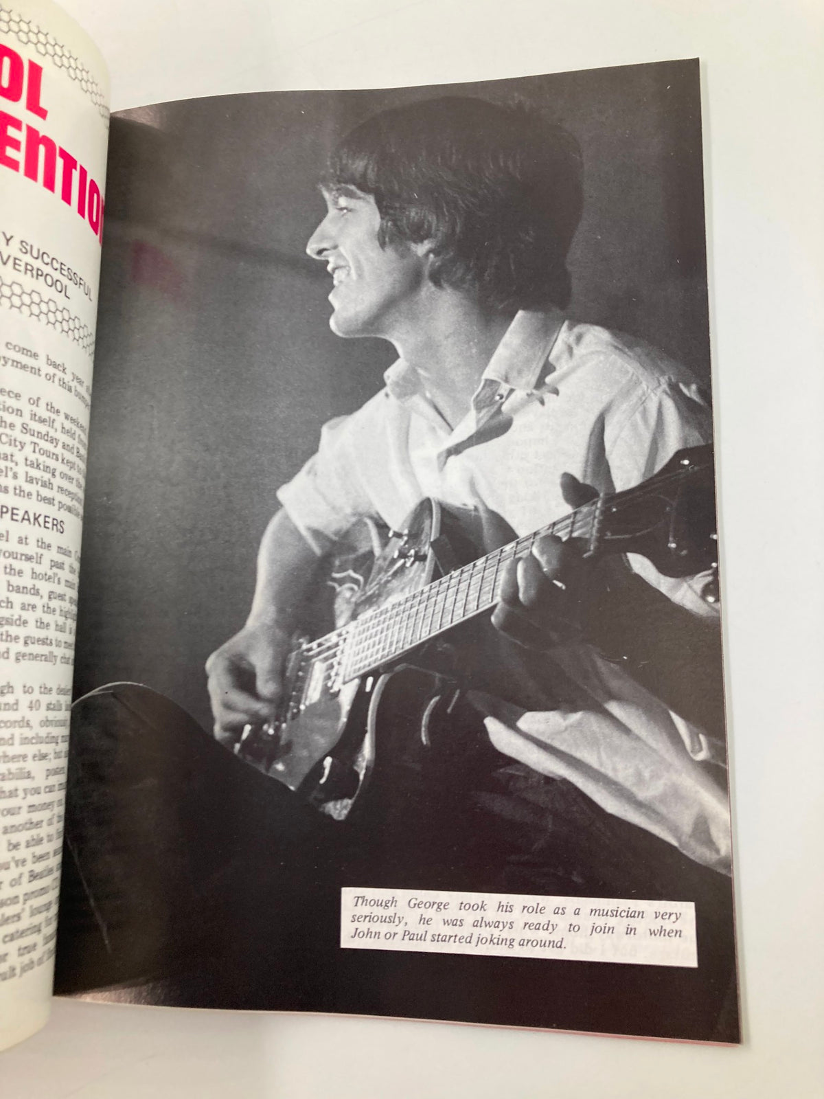 The Beatles Book Monthly Magazine October 1988 No. 150 showcasing George Harrison smiling while playing guitar, highlighting his joyful personality as a musician.