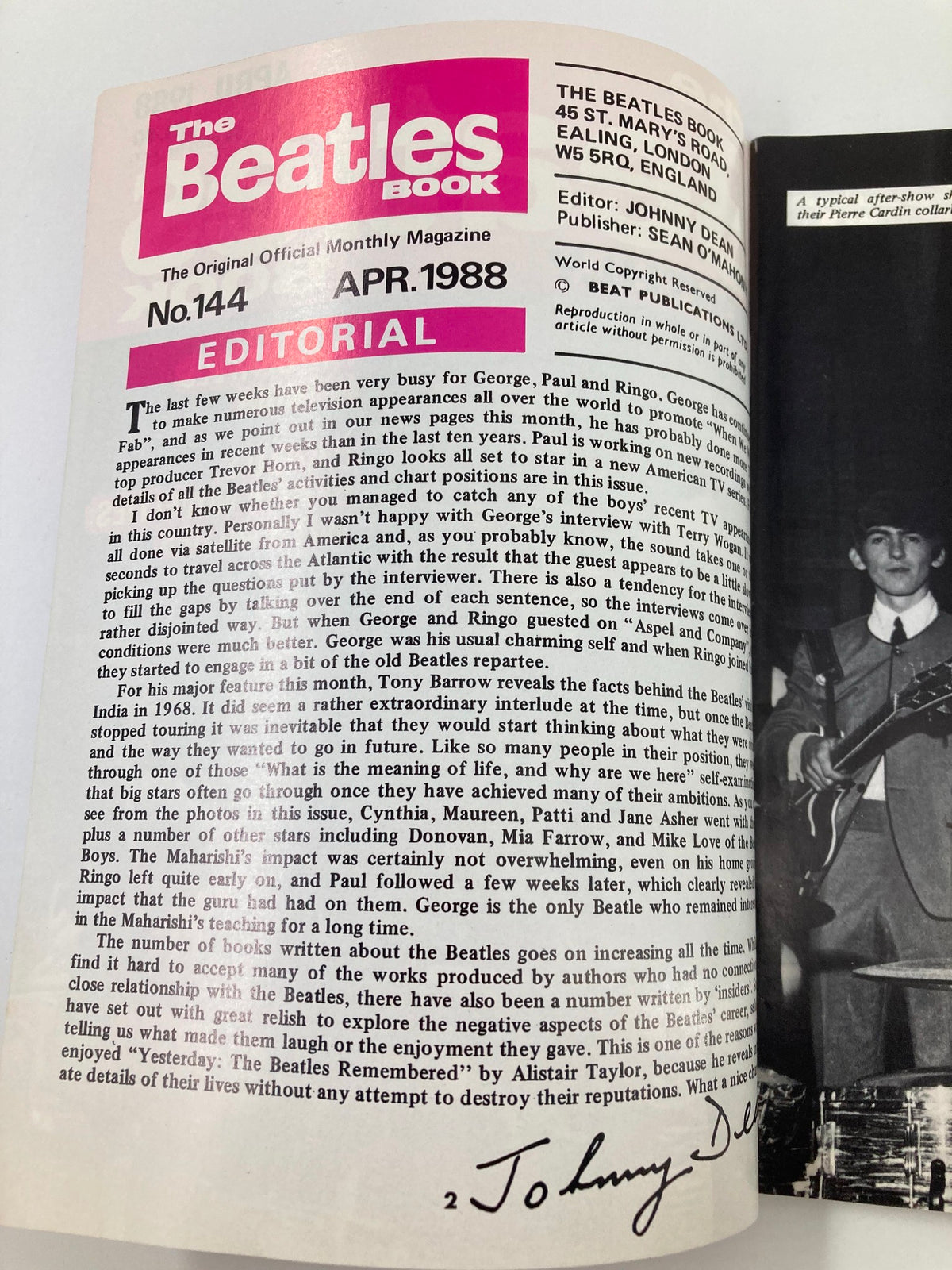 Editorial page from The Beatles Book Monthly Magazine April 1988, detailing the band's recent activities and highlighting their journey.