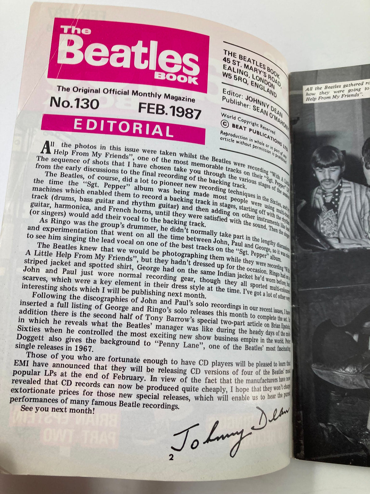 Inside The Beatles Book Monthly Magazine February 1987 Issue #130, showcasing the editorial page with review and historical context about The Beatles.