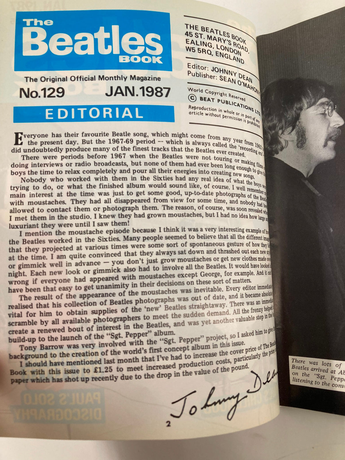 The Beatles Book Monthly Magazine January 1987 #129 inside editorial page, showcasing details and insights from editor Johnny Dean, discussing the history of The Beatles and their famous tracks.