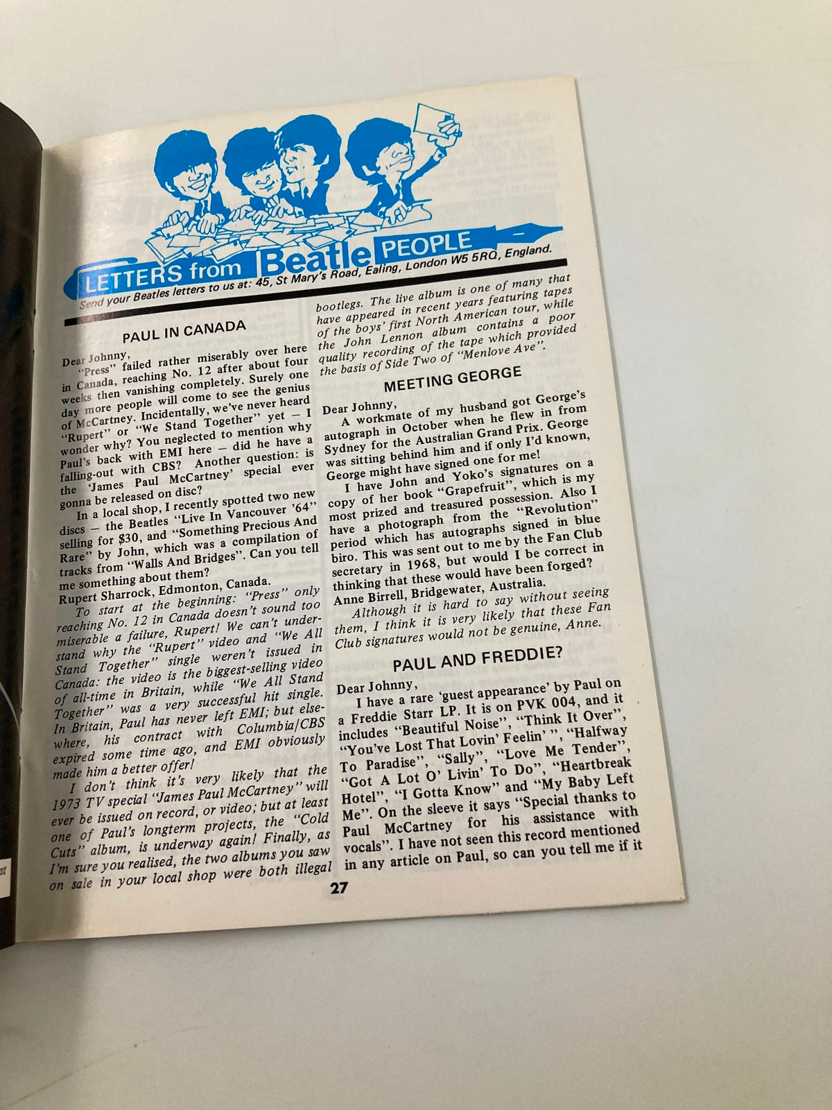 The Beatles Book Monthly Magazine January 1987 #129 Paul's Childhood features a letter segment titled 'Letters from Beatle People,' reflecting fan engagement and the cultural impact of Paul McCartney.