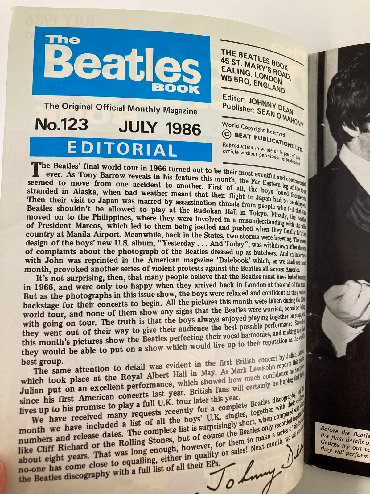 Editorial page of The Beatles Book Monthly Magazine July 1986, Issue #123, providing insights and information about The Beatles' world tour.