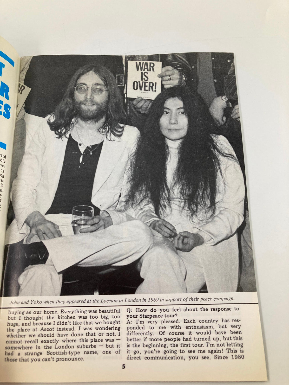 Historical image of John Lennon and Yoko Ono in The Beatles Book Monthly Magazine May 1986 Issue #121, discussing their peace campaign from 1969.