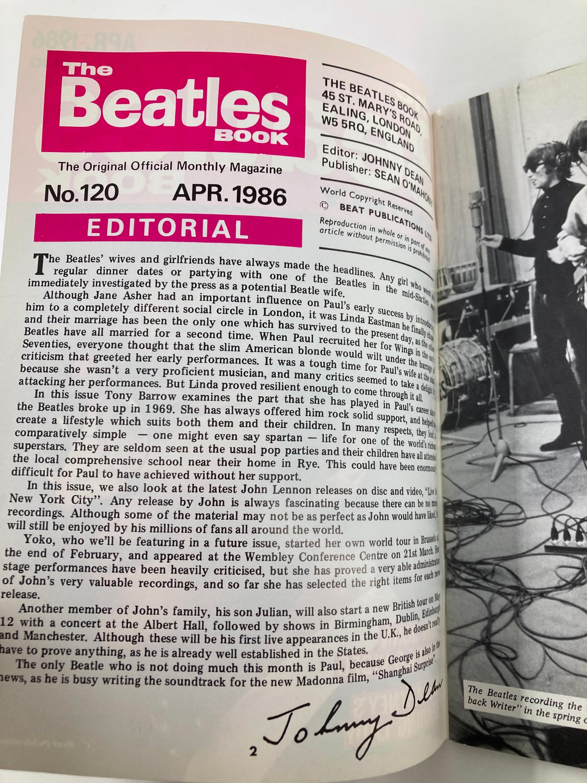 Editorial page from The Beatles Book Monthly Magazine April 1986 #120 with the title and introduction about The Beatles' legacy and contributions to music.