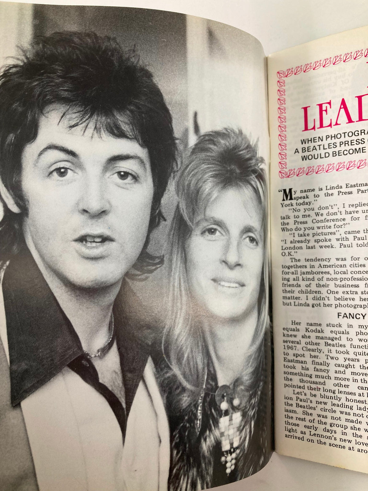 A page from The Beatles Book Monthly Magazine April 1986 #120 displaying a black and white portrait of Paul McCartney and Jane Asher, accompanied by an article discussing their relationship and Jane’s role as a prominent figure in the Beatles' circle.