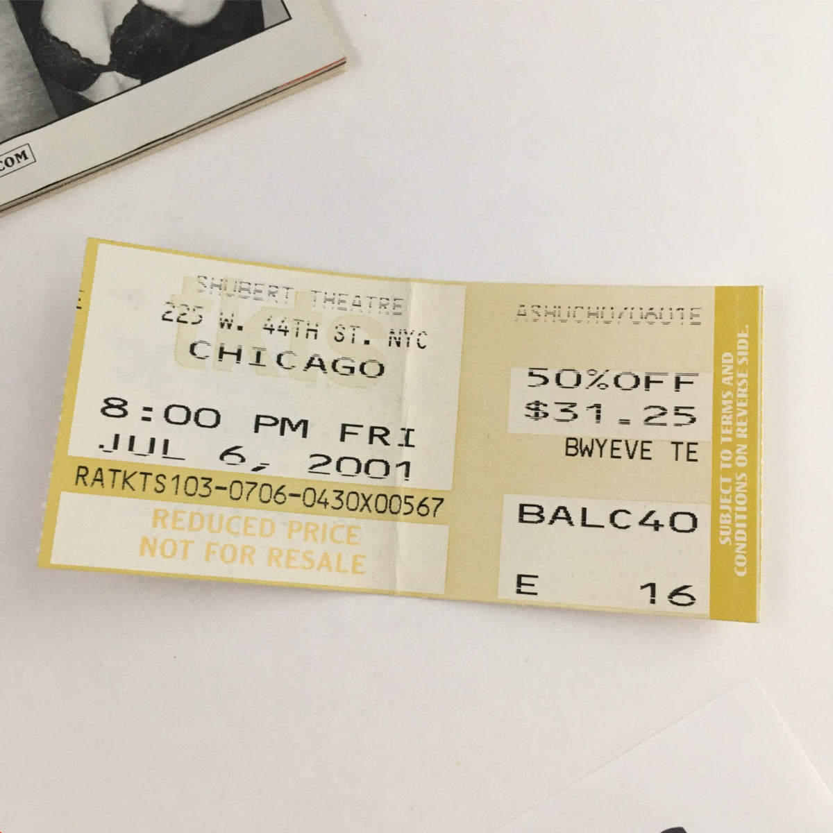 2001 Playbill Chicago The Musical ticket from the Sam Shubert Theatre showing performance details and discount information.