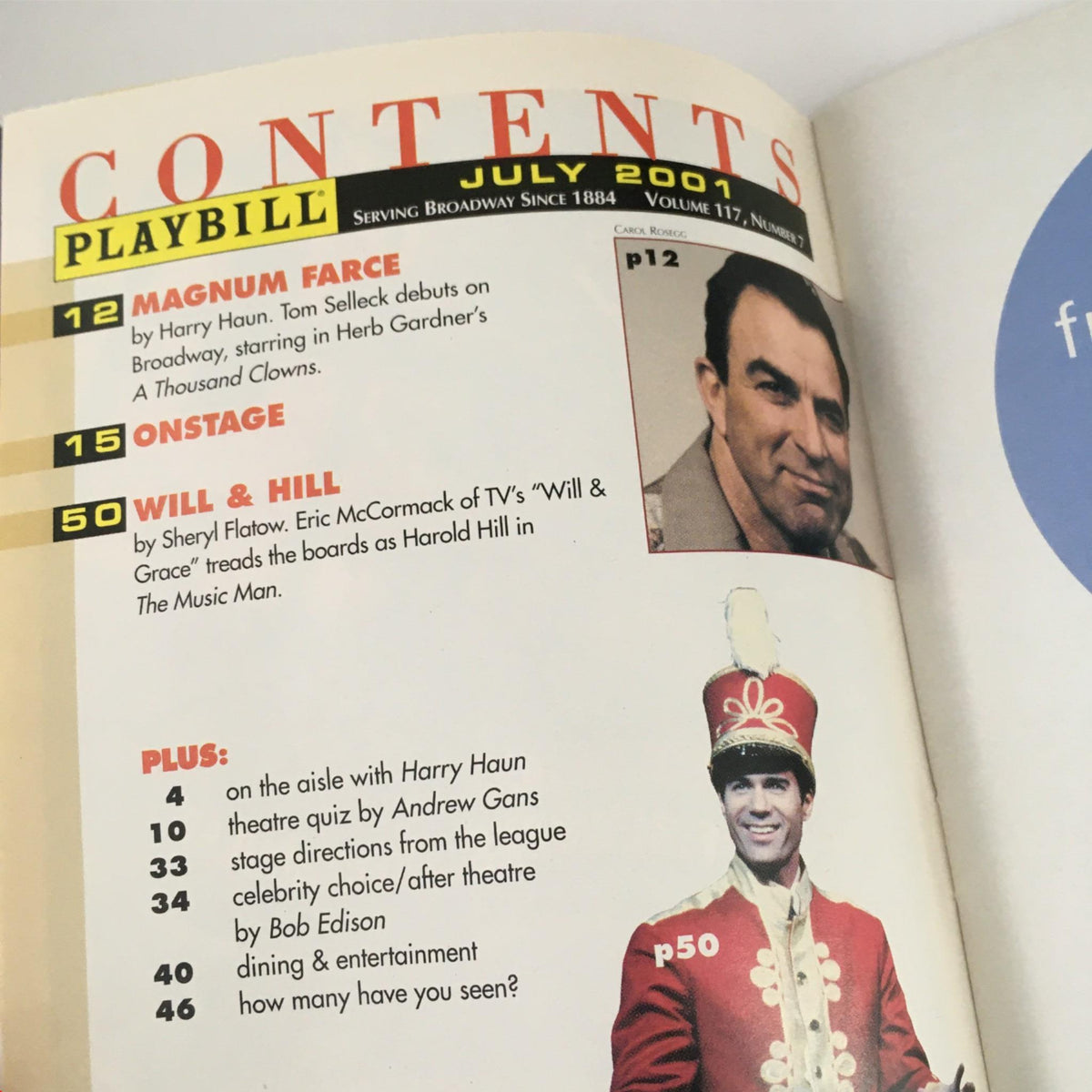 Contents page of the 2001 Playbill Chicago The Musical featuring a list of featured articles and performances.