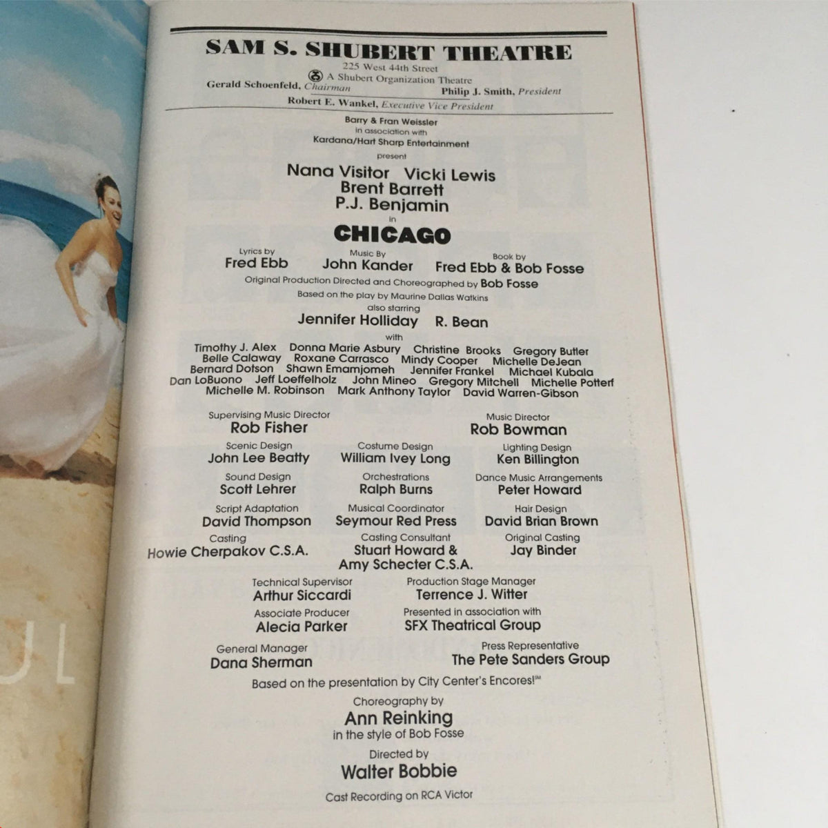 Cast list page of the 2001 Playbill Chicago The Musical showcasing the names of the performers and production team at Sam S. Shubert Theatre.