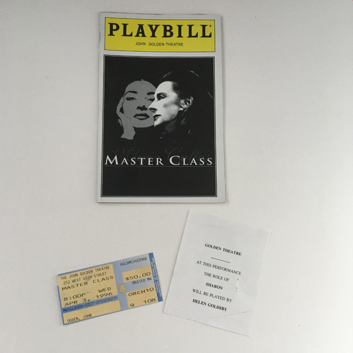 1996 Playbill for Master Class featuring the cover design and the original ticket from the performance at the John Golden Theatre.