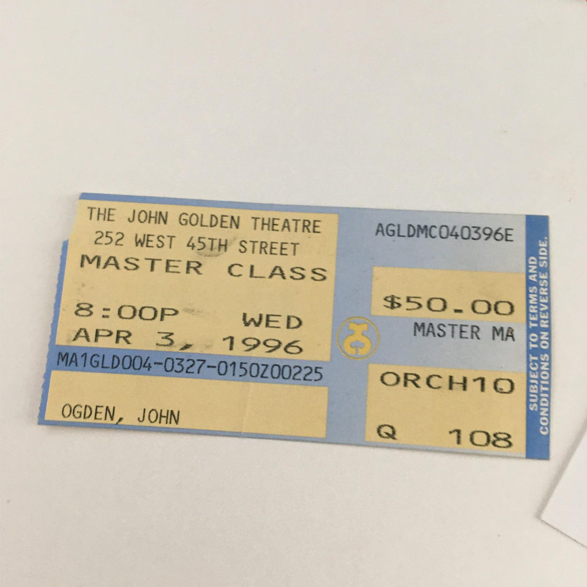 Original ticket for the 1996 performance of Master Class at the John Golden Theatre, dated April 3, 1996.