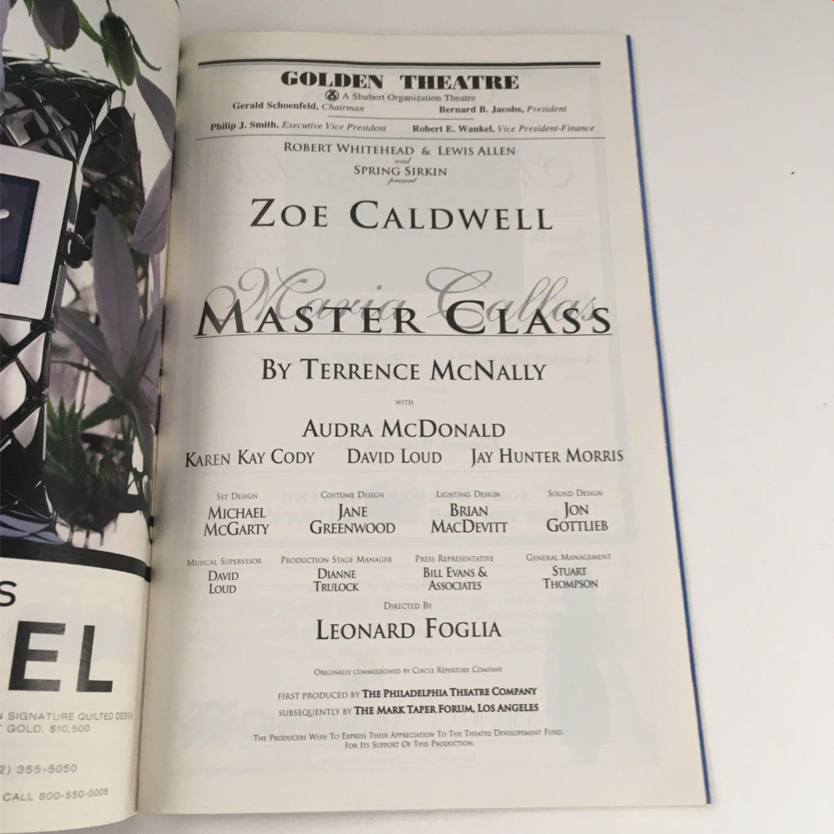 Interior page of the 1996 Playbill for Master Class by Terrence McNally, displaying cast and crew details.