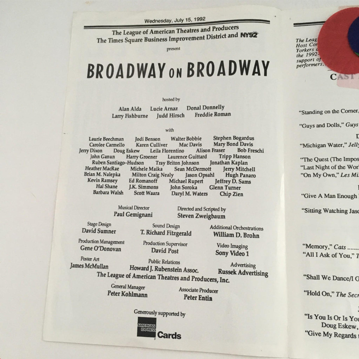 Interior page of the 1992 Playbill for Broadway on Broadway, detailing the cast and production team.