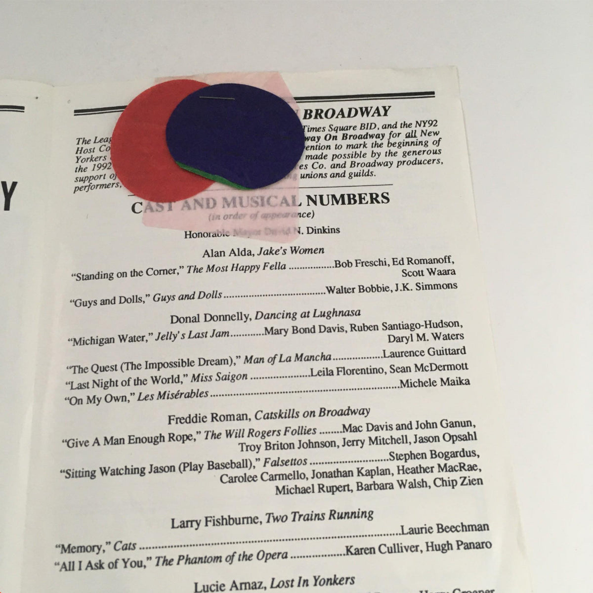 Another interior page of the 1992 Playbill for Broadway on Broadway, showcasing the cast and musical numbers listed for the performance.