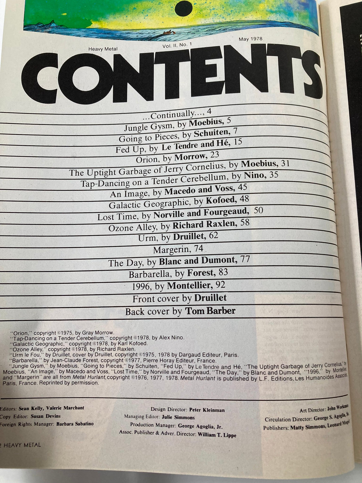 Table of contents page from VTG Heavy Metal Magazine May 1978, showcasing featured stories including 'Urm le Fou' by Druillet and illustrations from various artists.