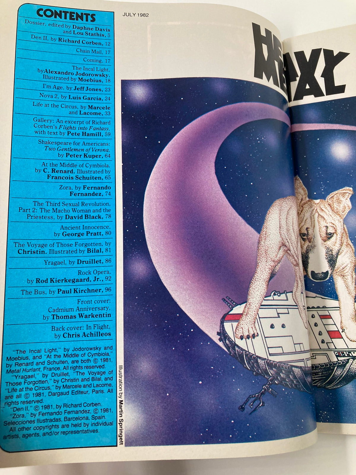Contents page of VTG Heavy Metal Magazine July 1982 showcasing articles and illustrations, including works by Richard Corben and others.