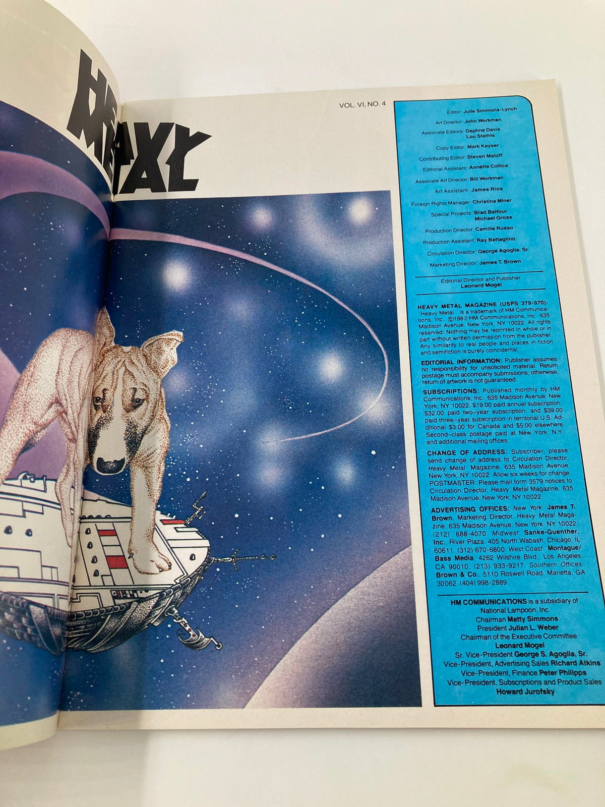 Editorial page of VTG Heavy Metal Magazine July 1982 highlighting contributors and publication details.