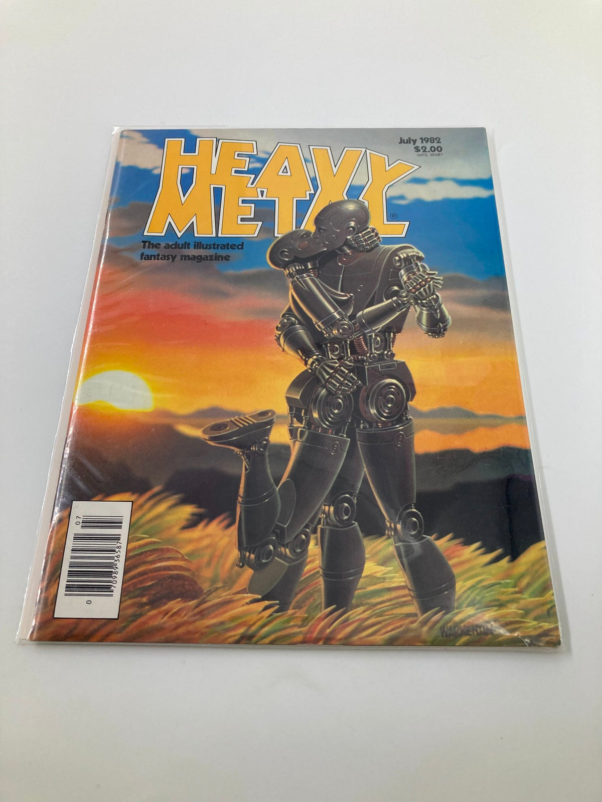 Protective display of VTG Heavy Metal Magazine July 1982 showing the cover with a robot couple, emphasizing its Near Mint condition.