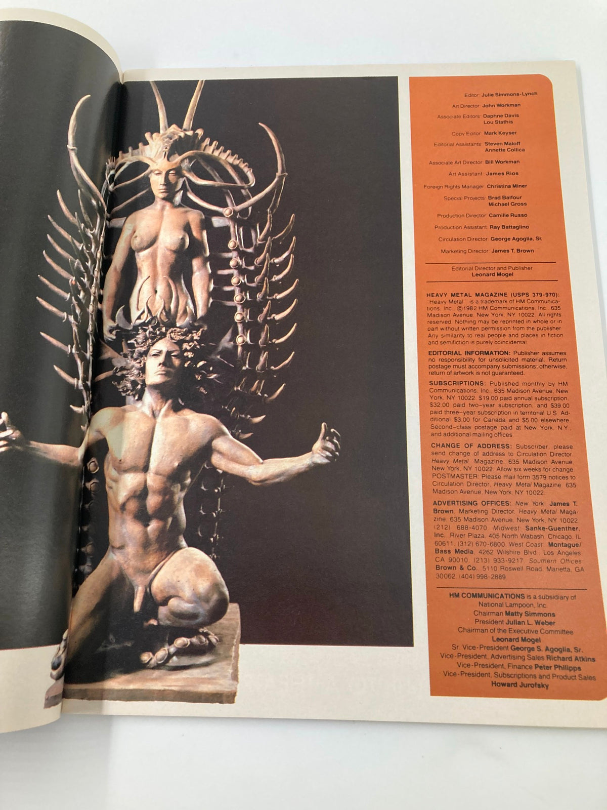 Inside page of VTG Heavy Metal Magazine May 1982 displaying an artistic sculpture, emphasizing the magazine's focus on adult illustrated fantasy.