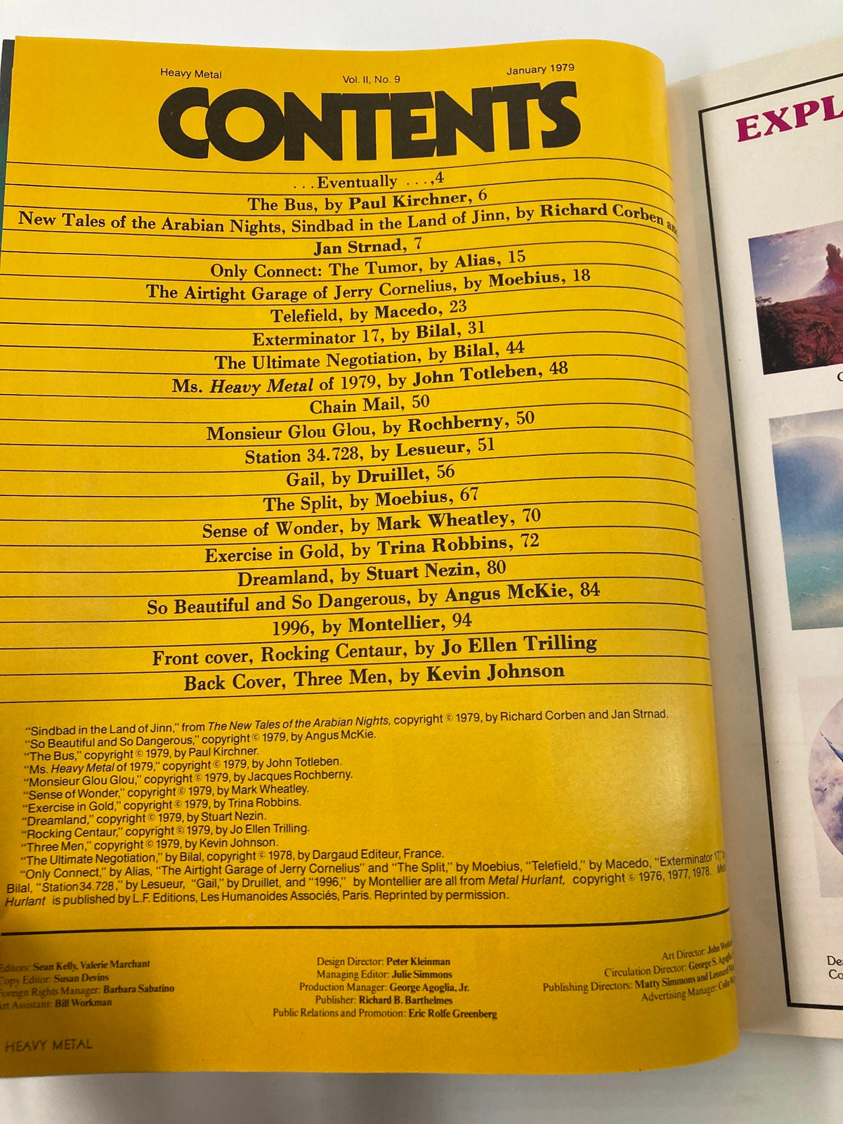 Contents page of Heavy Metal Magazine January 1979, listing various stories and illustrations including 'The Tumor' by Alias and 'The Bus' by Paul Kirchner.