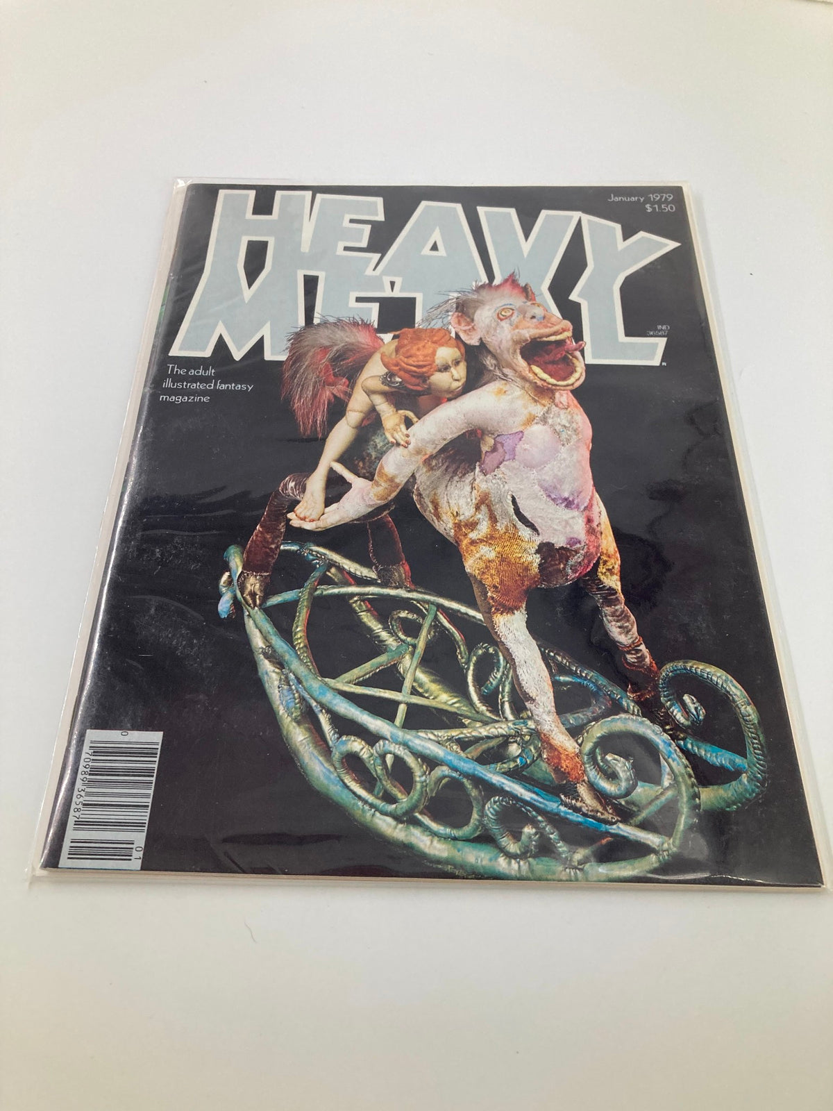 Heavy Metal Magazine January 1979 displayed in protective cover, showcasing the iconic Rocking Centaur artwork, emphasizing its collectible status.