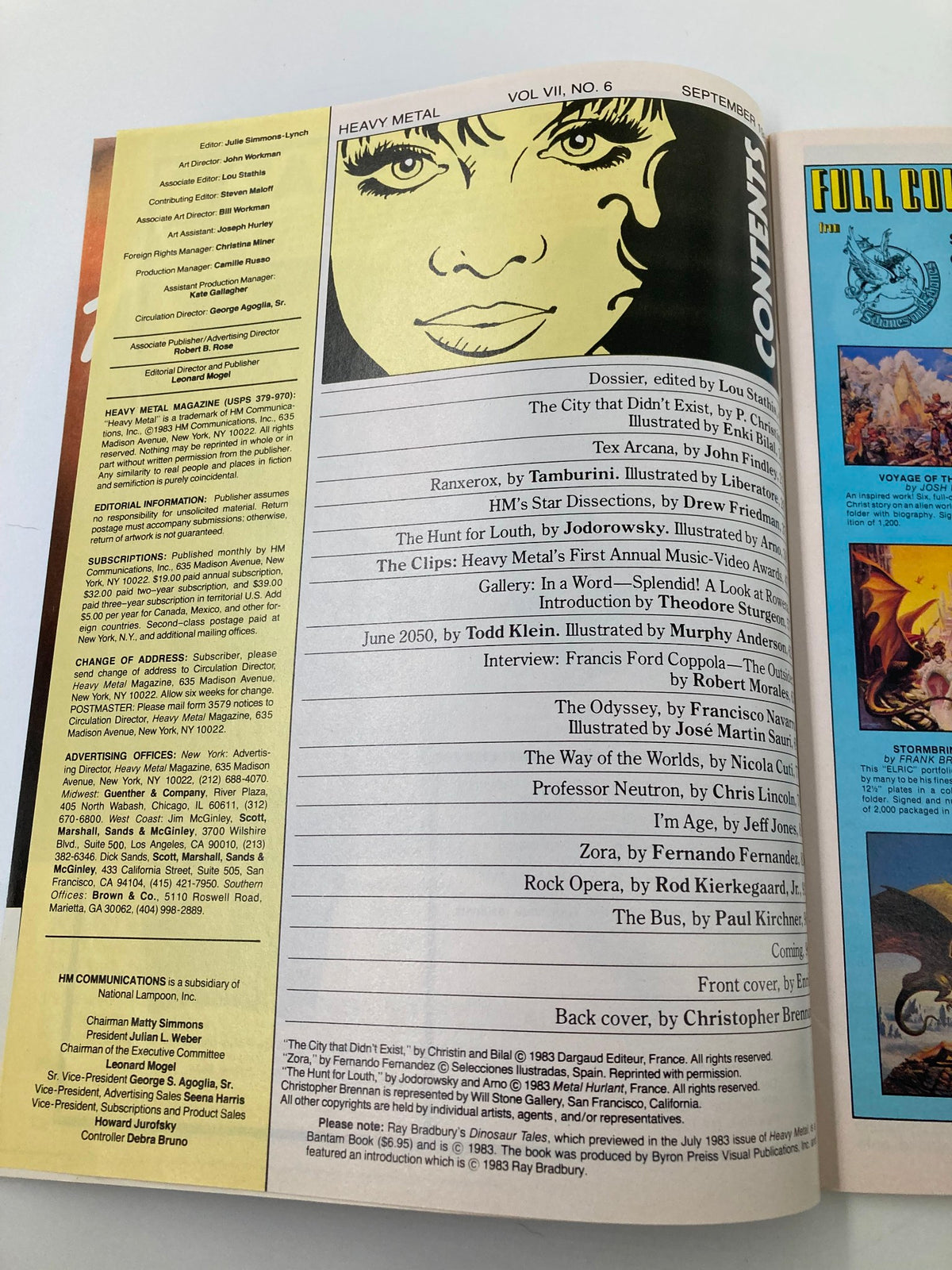Inside page of VTG Heavy Metal Magazine September 1983 showing the content list. Notable features include articles such as 'The Hunt for Louth' and an interview with Francis Ford Coppola.