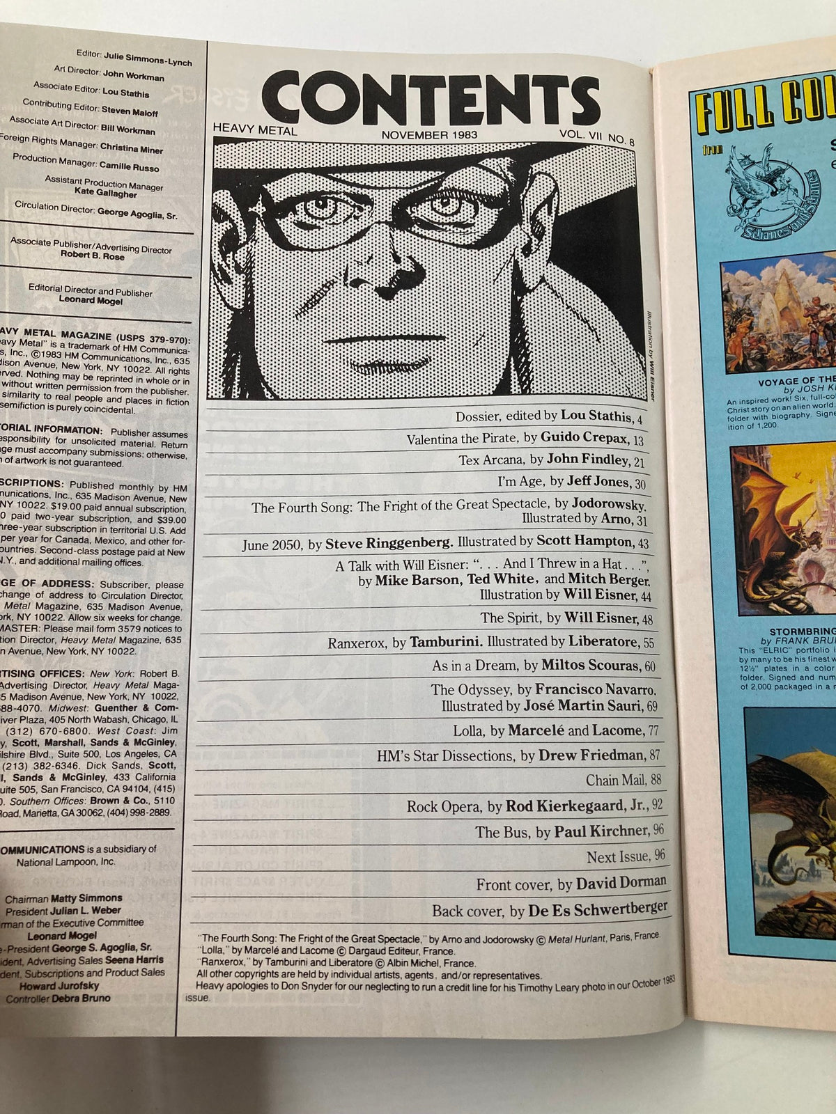Contents page of VTG Heavy Metal Magazine November 1983, showcasing the editorial details and features such as the interview with Will Eisner.