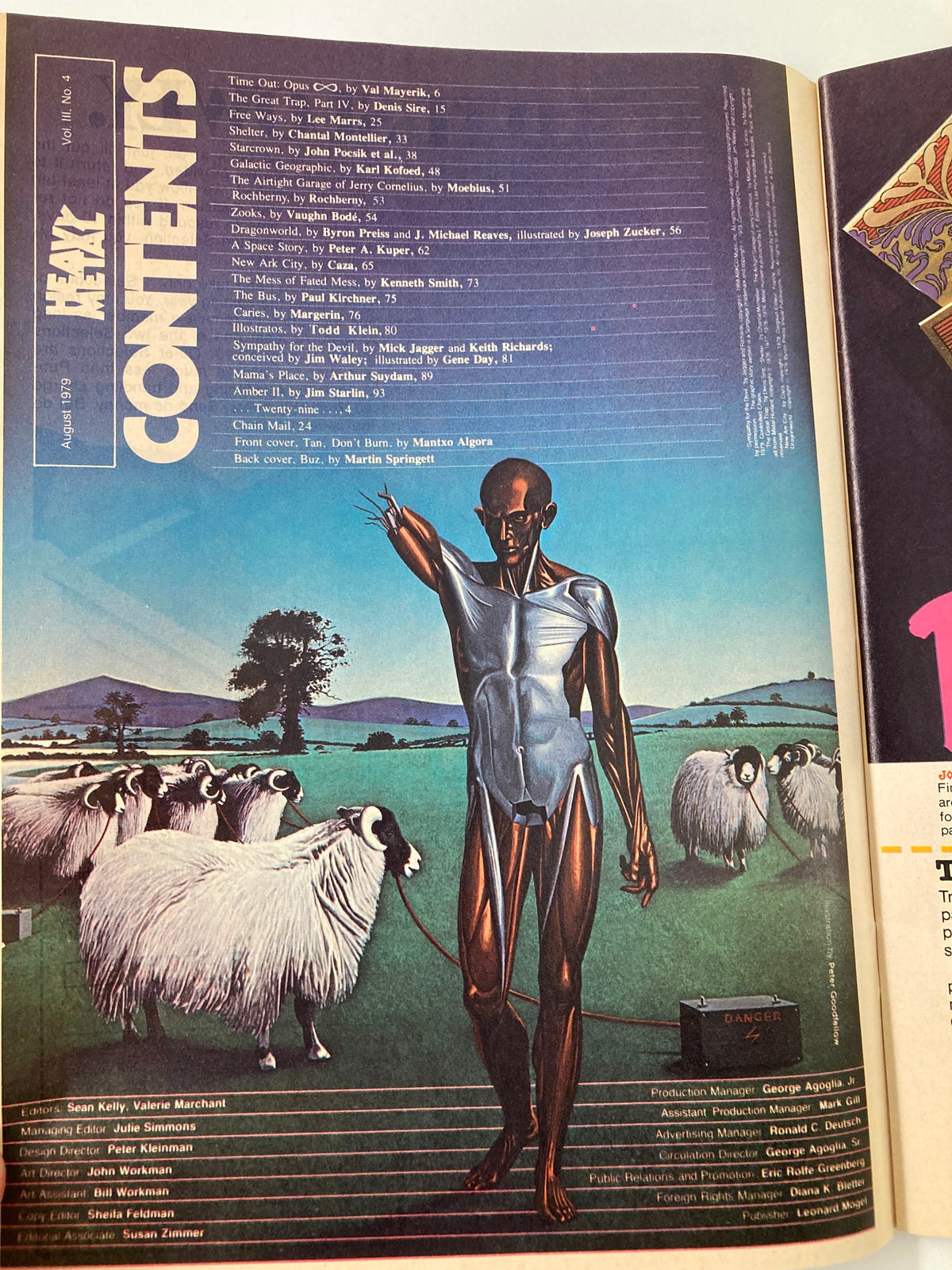 Table of contents from VTG Heavy Metal Magazine August 1979, listing featured articles and illustrations, notable for its striking visuals and unique sci-fi themes.