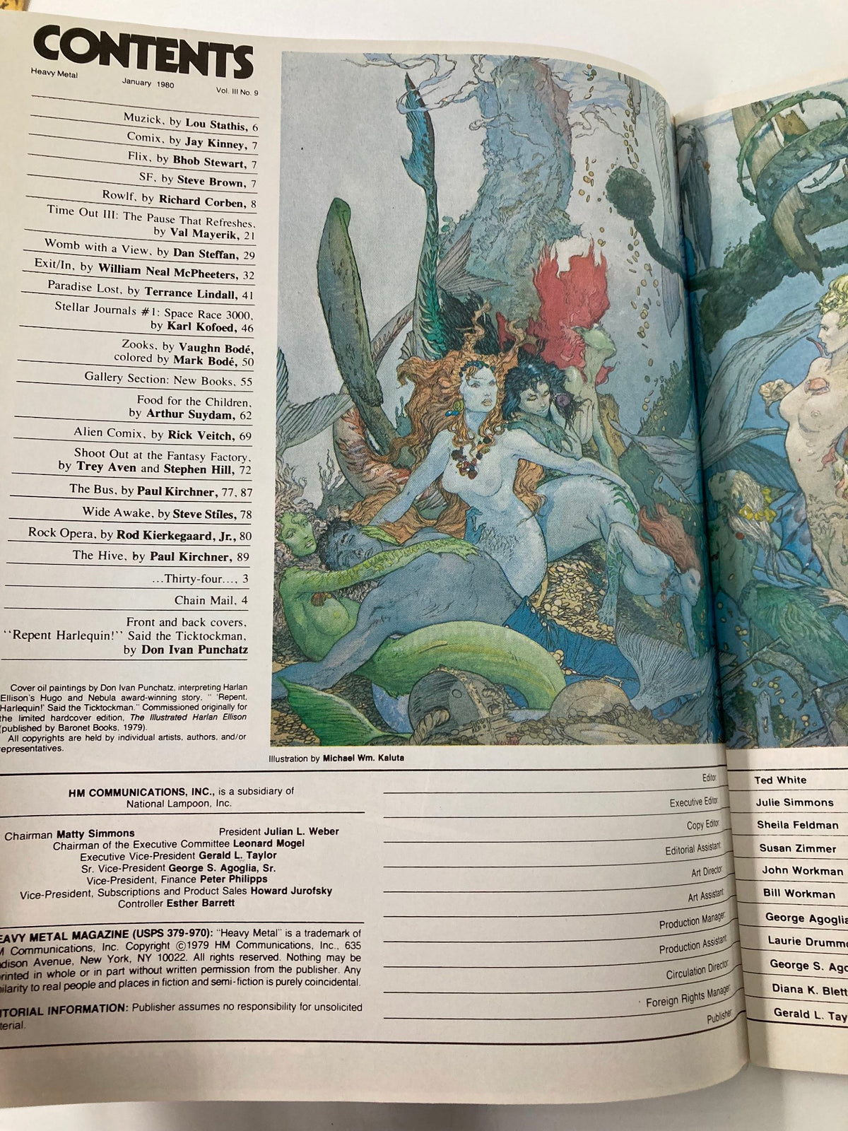 Contents page of VTG Heavy Metal Magazine January 1980, showcasing a list of stories and illustrations, including 'Repent, Harlequin! Said The Ticktockman,' highlighting its artistic diversity.