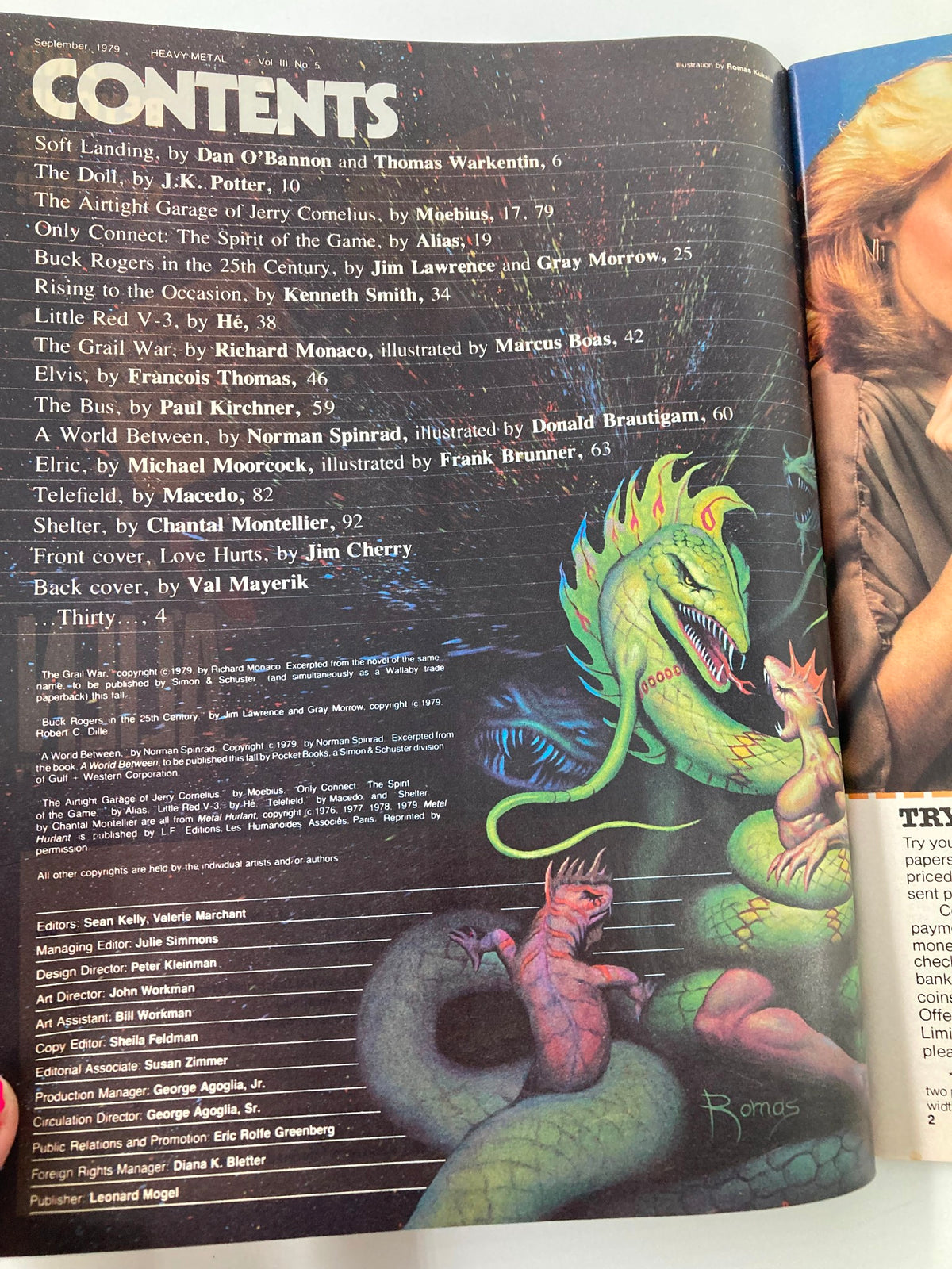Contents page of VTG Heavy Metal Magazine September 1979, showcasing featured stories including 'Love Hurts' by Jim Cherry, illustrated with imaginative designs.