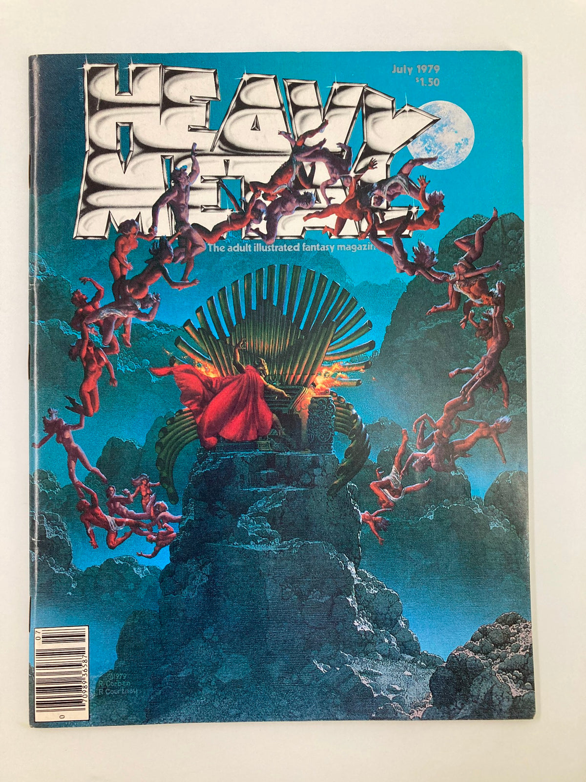 VTG Heavy Metal Magazine July 1979 featuring the cover art 'Night on Bald Mountain'. The illustration showcases a dramatic fantasy scene with figures on rocky terrain under a moonlit sky.