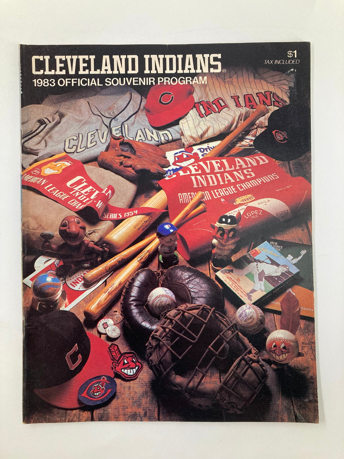 1983 MLB Cleveland Indians vs Texas Rangers Official Souvenir Program featuring baseball equipment and memorabilia, showcasing the Cleveland Indians logo.