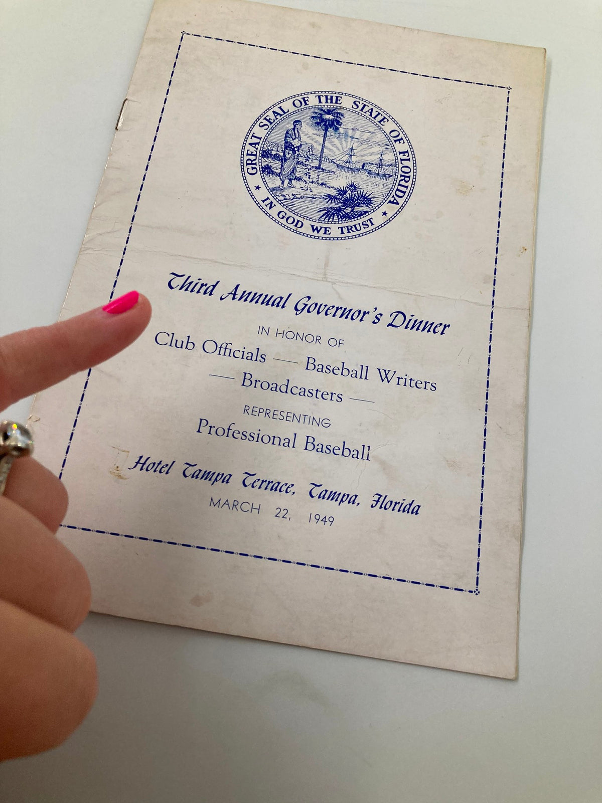 Front cover of the March 22 1949 3rd Annual Governor's Dinner Club Officials Baseball program, featuring a state seal and event title.