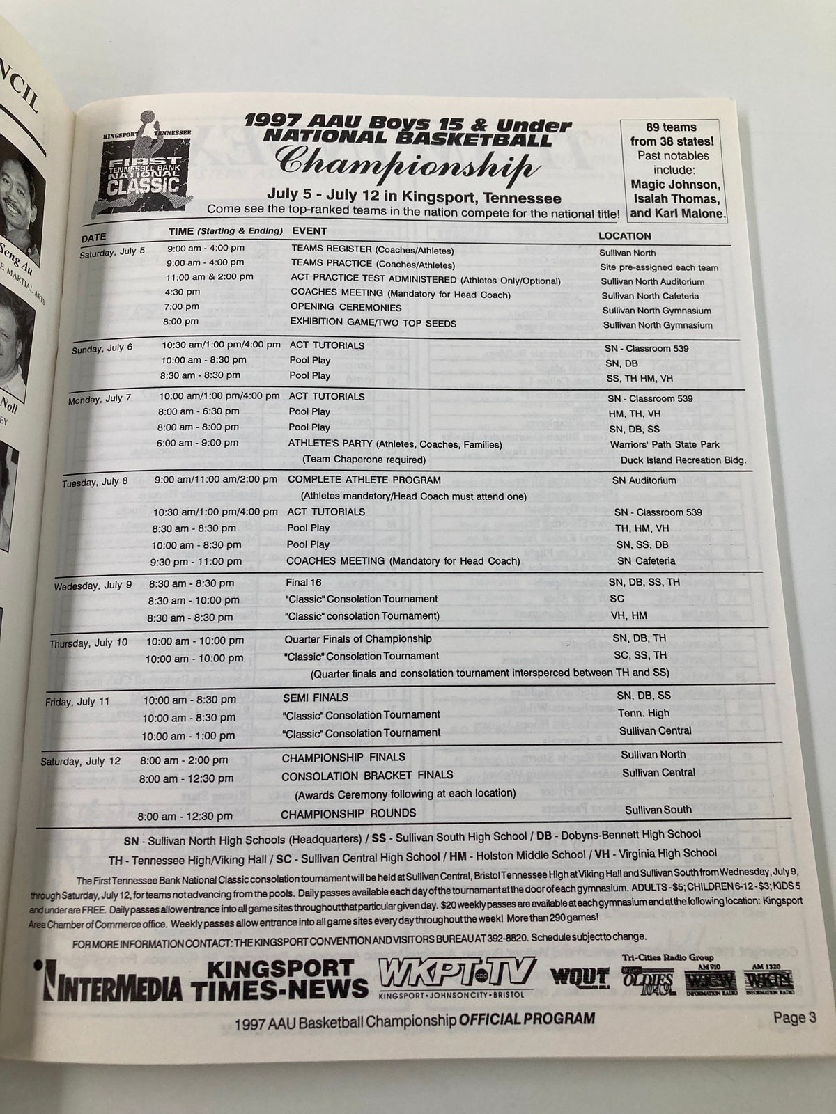 A page from the July 5-12 1997 AAU Boys 15 & Under National Basketball Championship Program showing the tournament schedule, including teams and game timings in Kingsport, Tennessee. It highlights various events and activities associated with the championship.