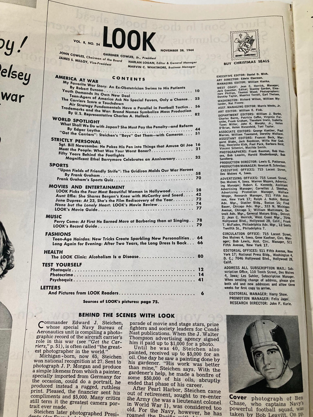 Contents page of VTG Look Magazine November 28 1944, listing articles including sports, war, and personal stories, highlighting the cultural context of the era.