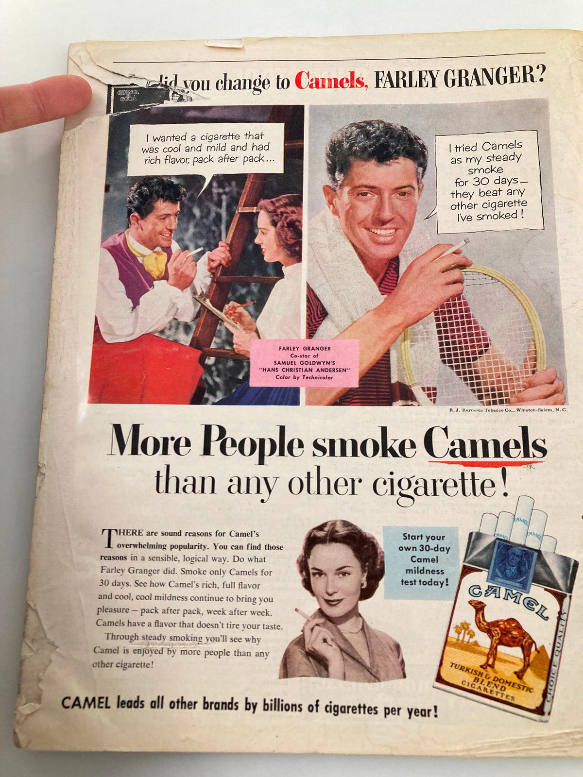 Vintage advertisement featuring Farley Granger promoting Camel cigarettes, illustrating a dialogue about the flavor and enjoyment of Camel cigarettes, associated with the VTG Sport Magazine February 1953, which features Bobby Shantz.