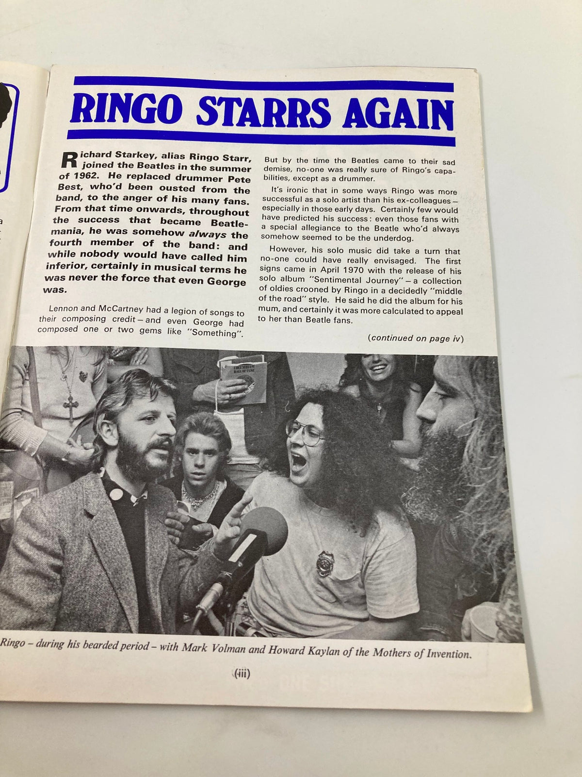 Article page titled 'Ringo Starrs Again' from The Beatles Book Monthly Magazine October 1976 #6, discussing Ringo Starr's contributions within the band.