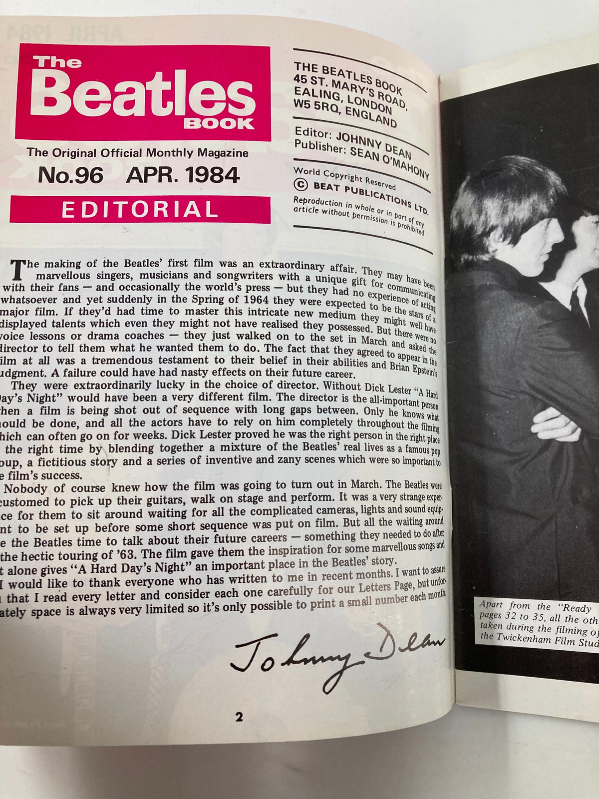 Inside page of The Beatles Book Monthly Magazine April 1984, Issue #96, showcasing an editorial section with a signature by Johnny Dean.