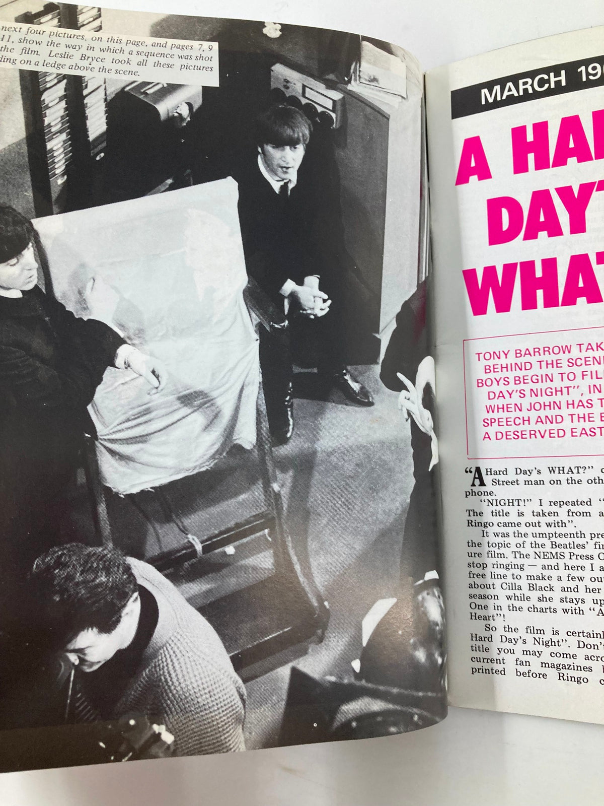 Inside spread of The Beatles Book Monthly Magazine April 1984, Issue #96, featuring behind-the-scenes details and images from the film 'A Hard Day's Night'.