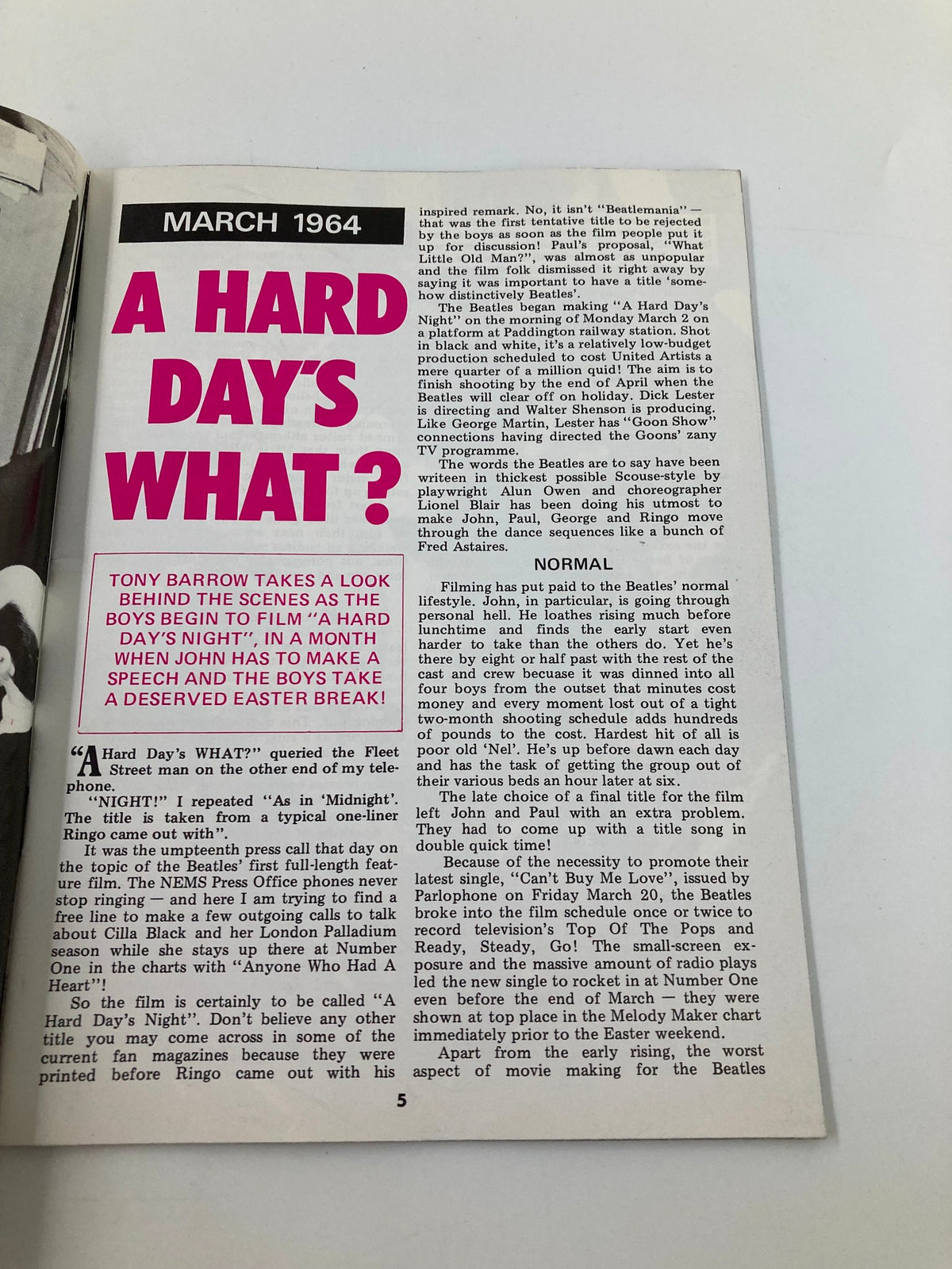 Page from The Beatles Book Monthly Magazine, April 1984, Issue #96, featuring an article about the film 'A Hard Day's Night.' The page includes vibrant pink headers and text discussing behind-the-scenes aspects of the movie.