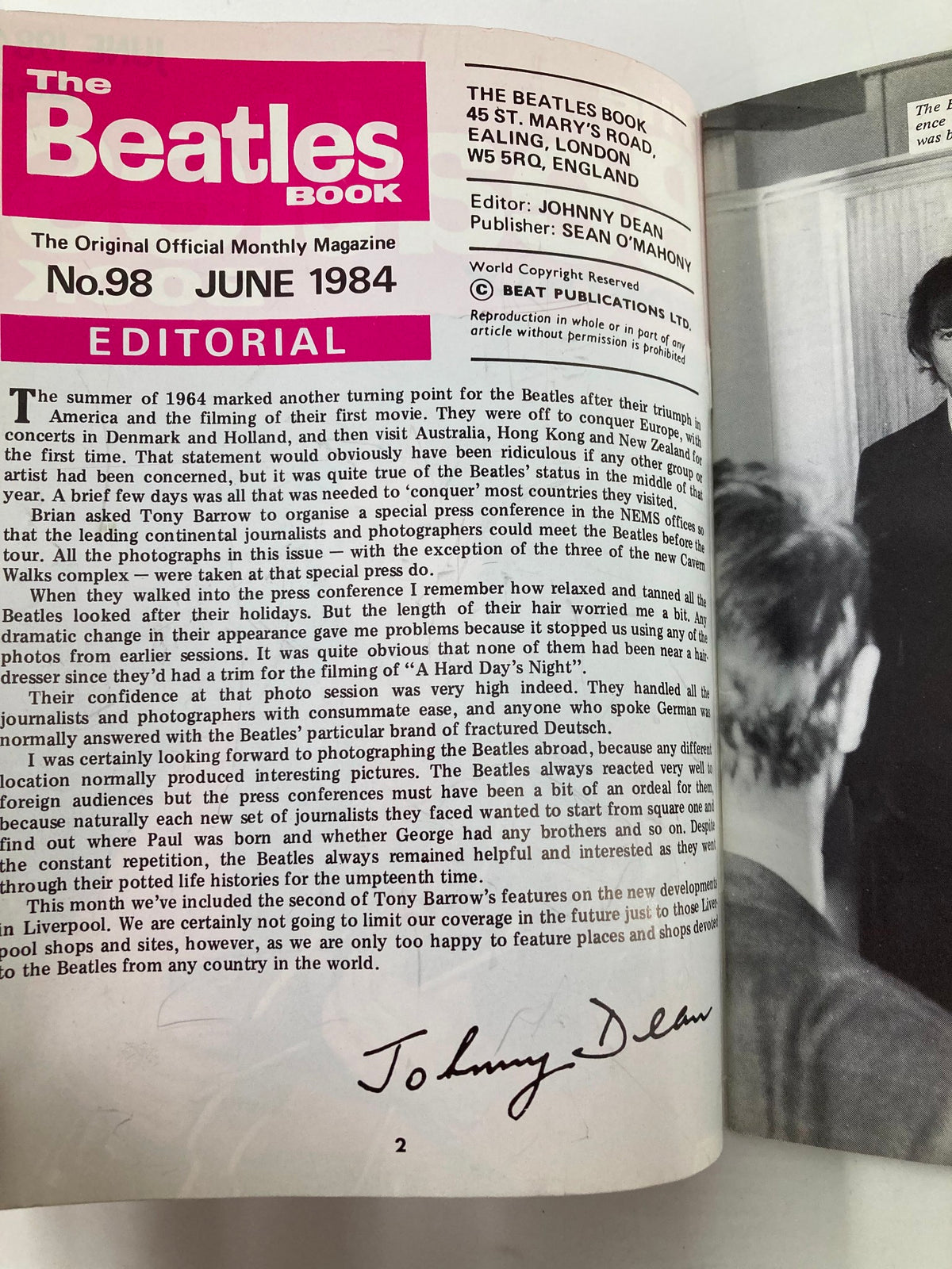 Editorial page of The Beatles Book Monthly Magazine, June 1984, Issue #98 featuring Johnny Dean's signature and details about The Beatles’ impact on music and culture.