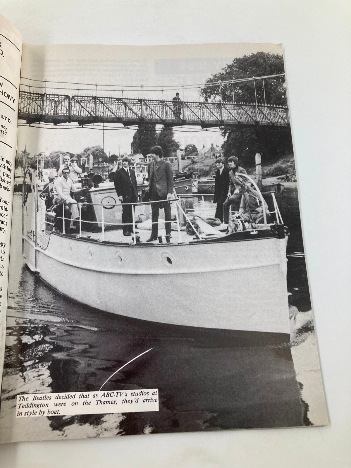 Inside page of The Beatles Book Monthly Magazine August 1984 featuring The Beatles arriving by boat at ABC TV's studios on the Thames.