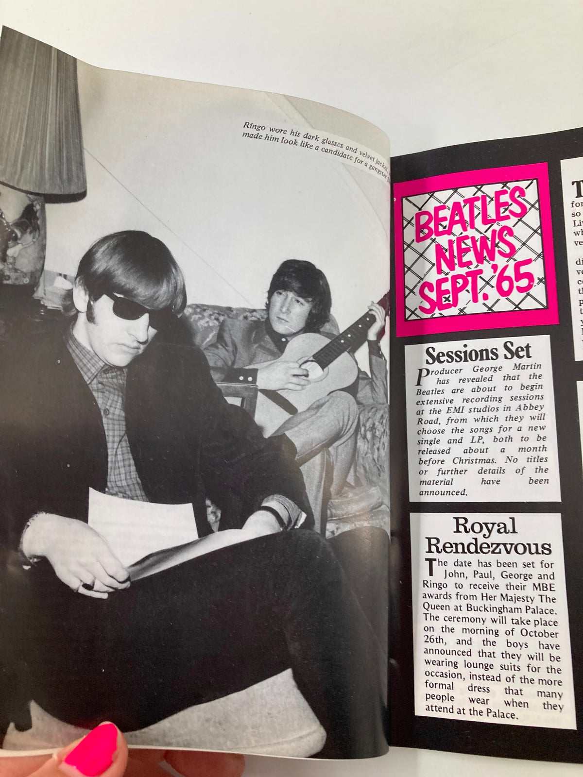Inside page of The Beatles Book Monthly Magazine, October 1985, displaying a photo of Ringo Starr and John Lennon, along with an article detailing upcoming events and news about the band.