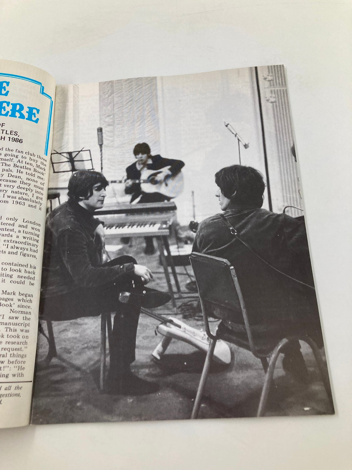 Inside The Beatles Book Monthly Magazine November 1985 featuring a vintage black and white photo of musicians, including John Lennon and Paul McCartney, in a recording session.