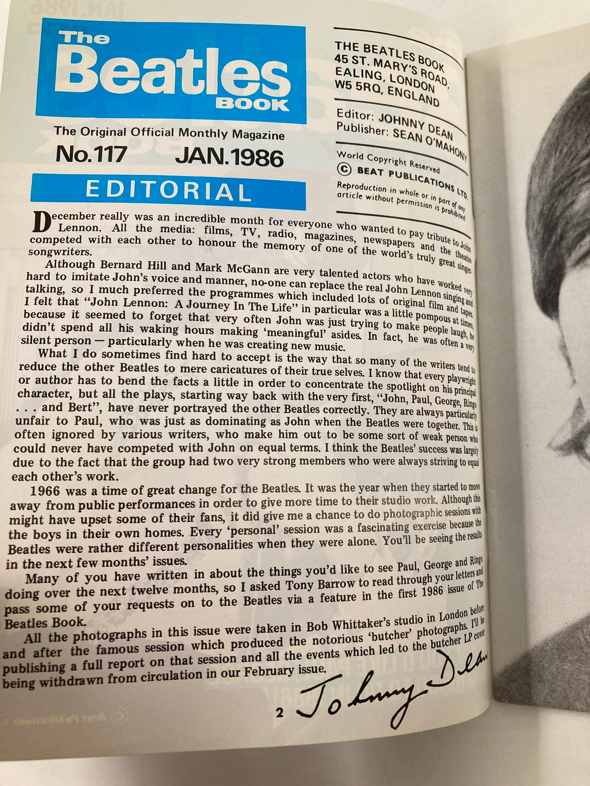 Inside page of The Beatles Book Monthly Magazine January 1986 #117 featuring the editorial section with insights about the band and signed by editor Johnny Dean.