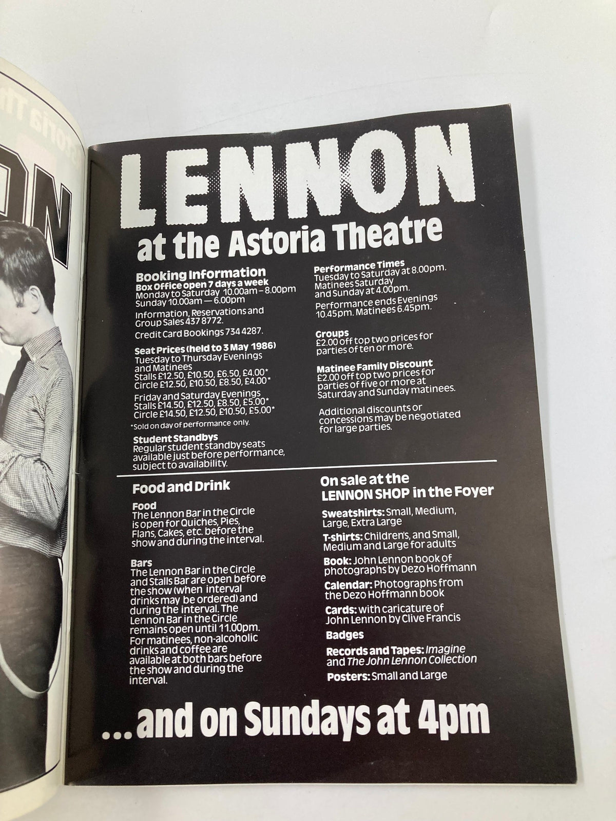 Another inside page of the '1985 John Lennon at the Astoria Theatre by Bob Eaton' magazine detailing booking information, food and drink options at the venue, along with any other relevant purchasing details.