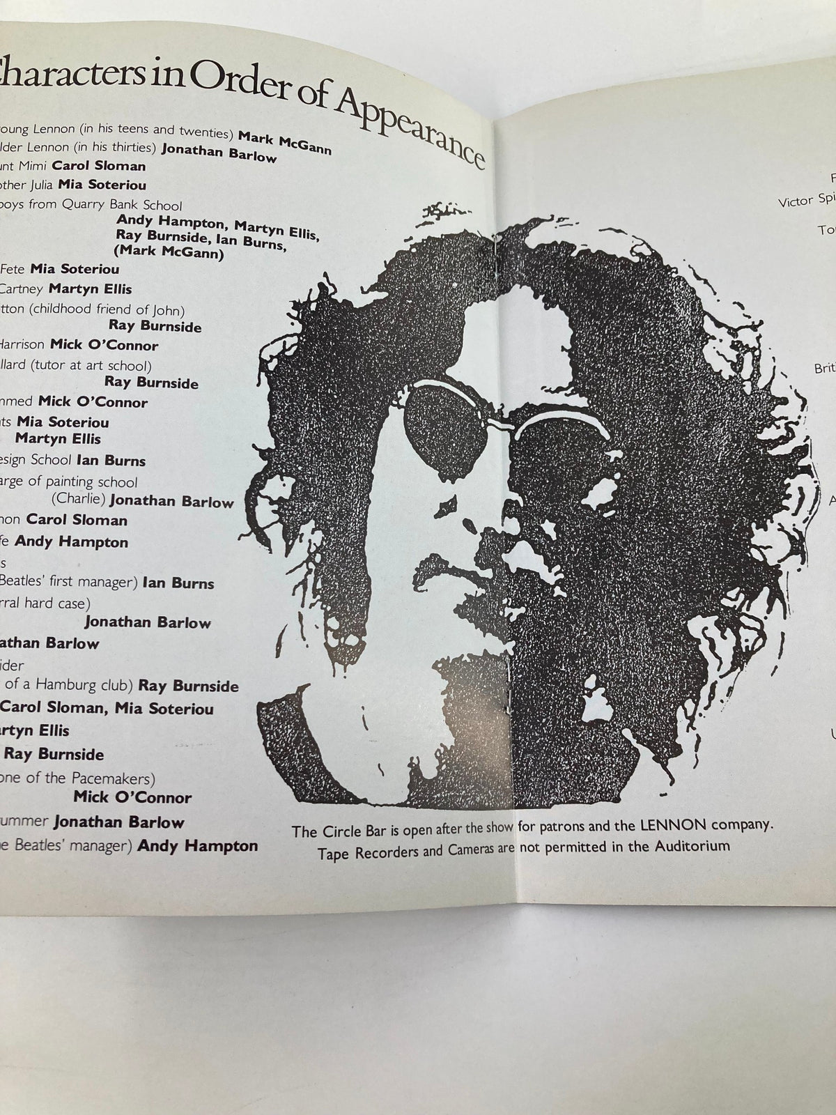 An illustration depicting characters in order of appearance from the 1985 John Lennon at the Astoria Theatre by Bob Eaton.